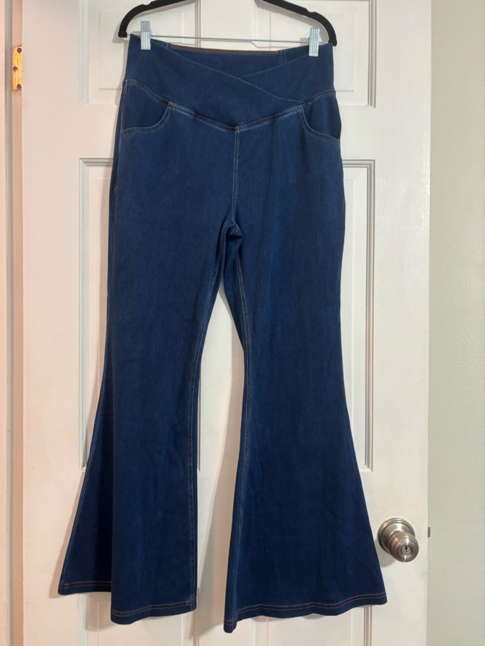 HALARA Navy Blue High-Rise Flare Jeans with Crossover Waist